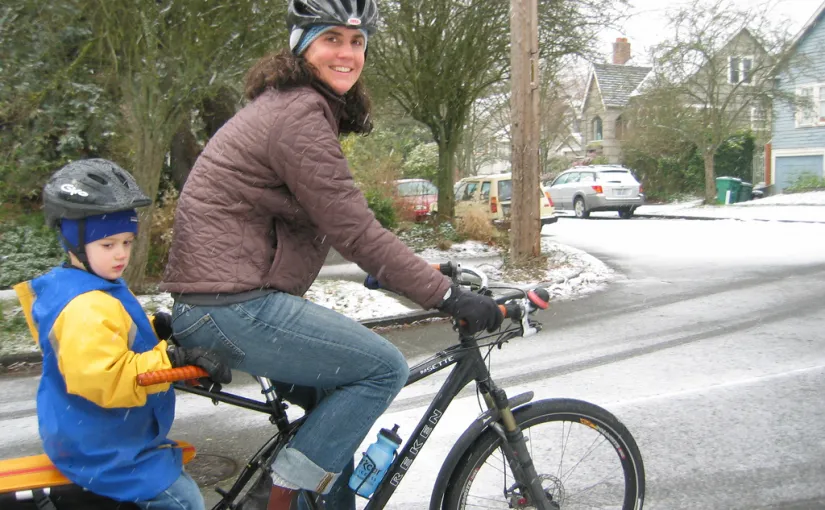 Mom and kid on cargo bike