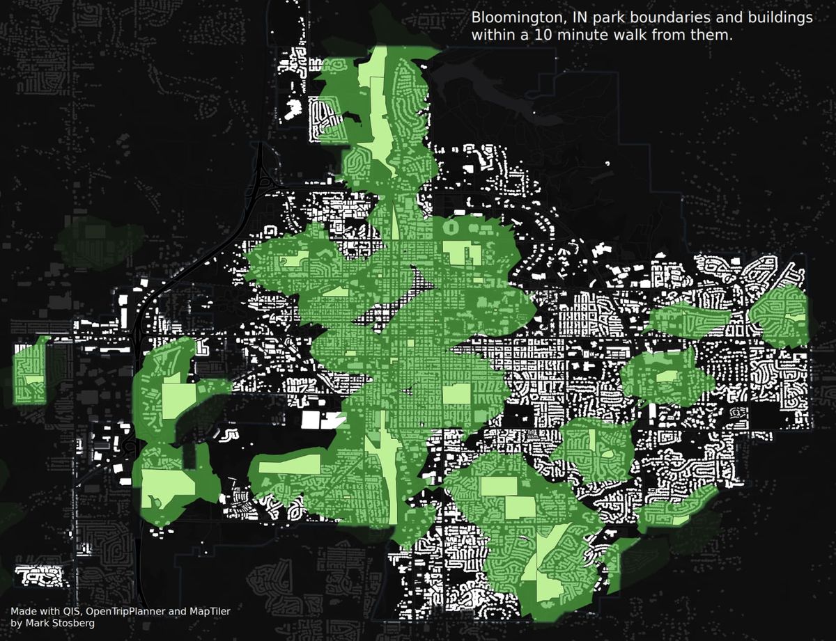 Who can walk to parks in Bloomington, Indiana?