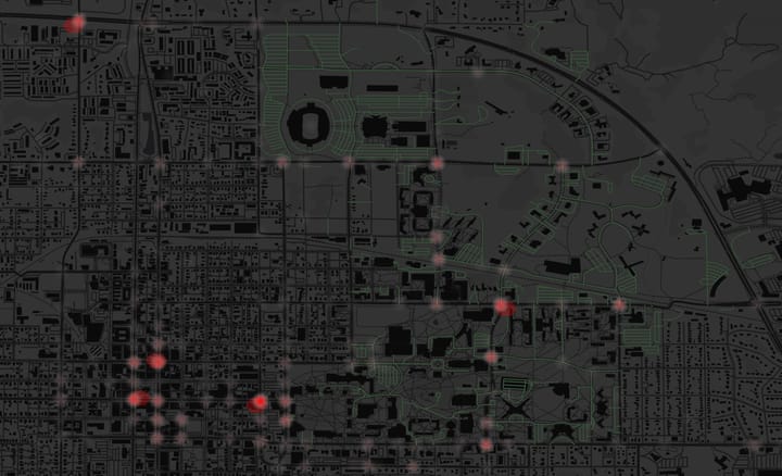 Heatmap of pedestrian-involved crashes in Bloomington, Indiana. Details in report. 