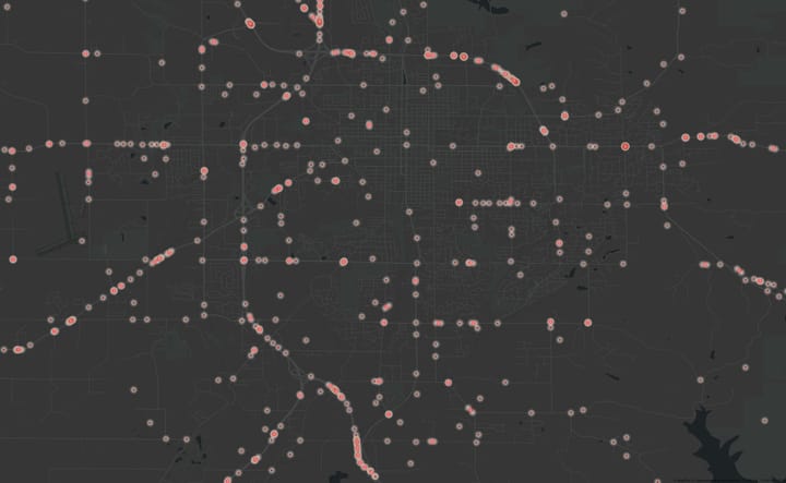 Heatmap of crashes involving deer around Bloomington, Indiana